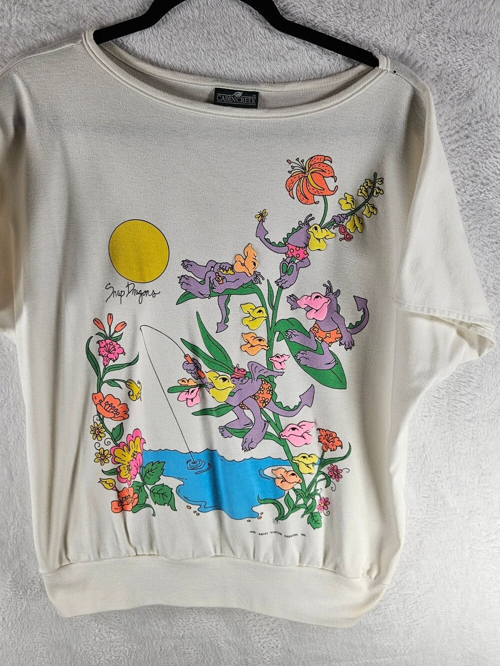 Vintage 90s Cabin Creek Snap Dragons Graphic Top Cream Womens Large Grannycore